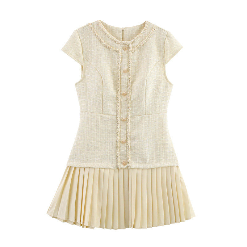 Woven Pleated Temperament Crew Neck Dress - Norellé