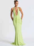 Deep V Neck Backless Ruched Maxi Dress Women