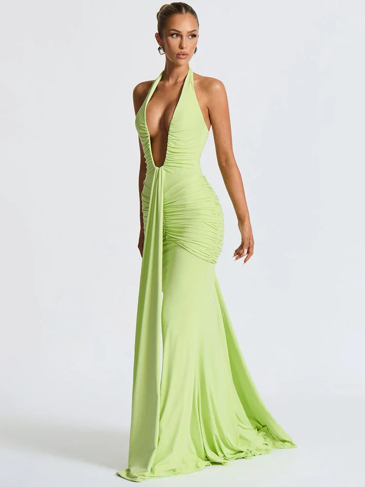 Deep V Neck Backless Ruched Maxi Dress Women