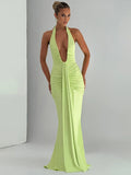 Deep V Neck Backless Ruched Maxi Dress Women - green / S