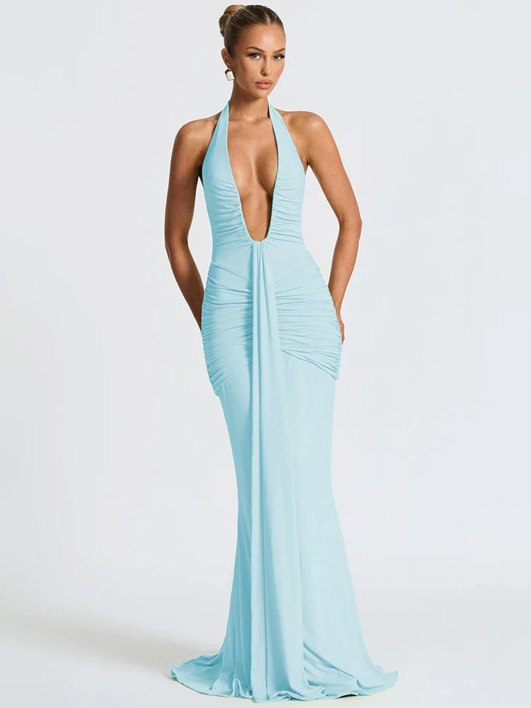 Deep V Neck Draped Ruched Maxi Dress Women - Blue / S