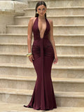 Deep V Neck Draped Ruched Maxi Dress Women - Burgundy / S