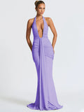 Deep V Neck Draped Ruched Maxi Dress Women - PURPLE / S
