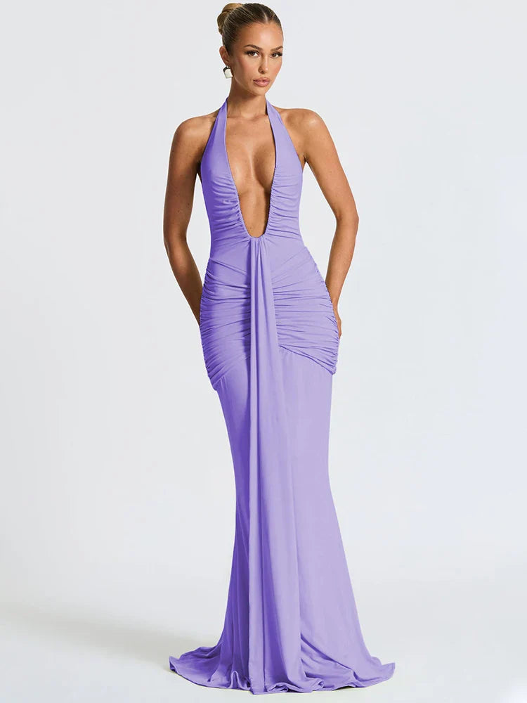Deep V Neck Draped Ruched Maxi Dress Women - PURPLE / S