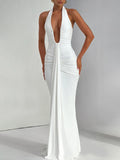 Deep V Neck Draped Ruched Maxi Dress Women - WHITE / S