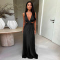 Deep V neck Hollow Long Dress - Black / L