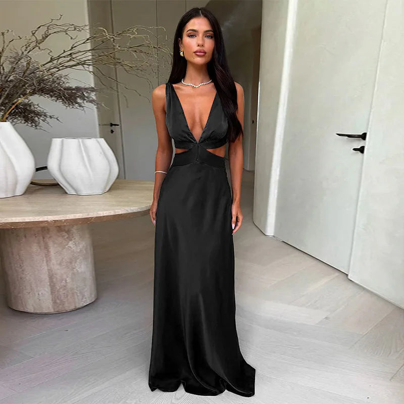 Deep V neck Hollow Long Dress - Black / L