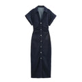 Denim midi dress with lapel side - XS / Navy Blue / CHINA - Other