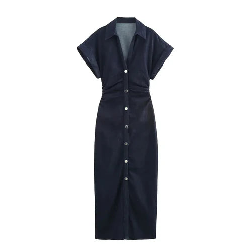Denim midi dress with lapel side - XS / Navy Blue / CHINA - Other