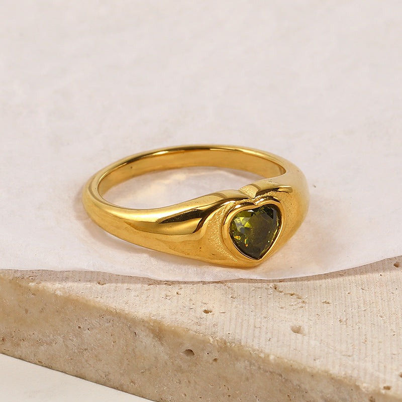 Design Heart-shaped Inlaid Zircon Titanium Steel Ring For Women - Golden Olive Lvzuan / No 10 - electronic accessories