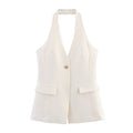 Design Solid Color Slim White One Button Halter - electronic accessories