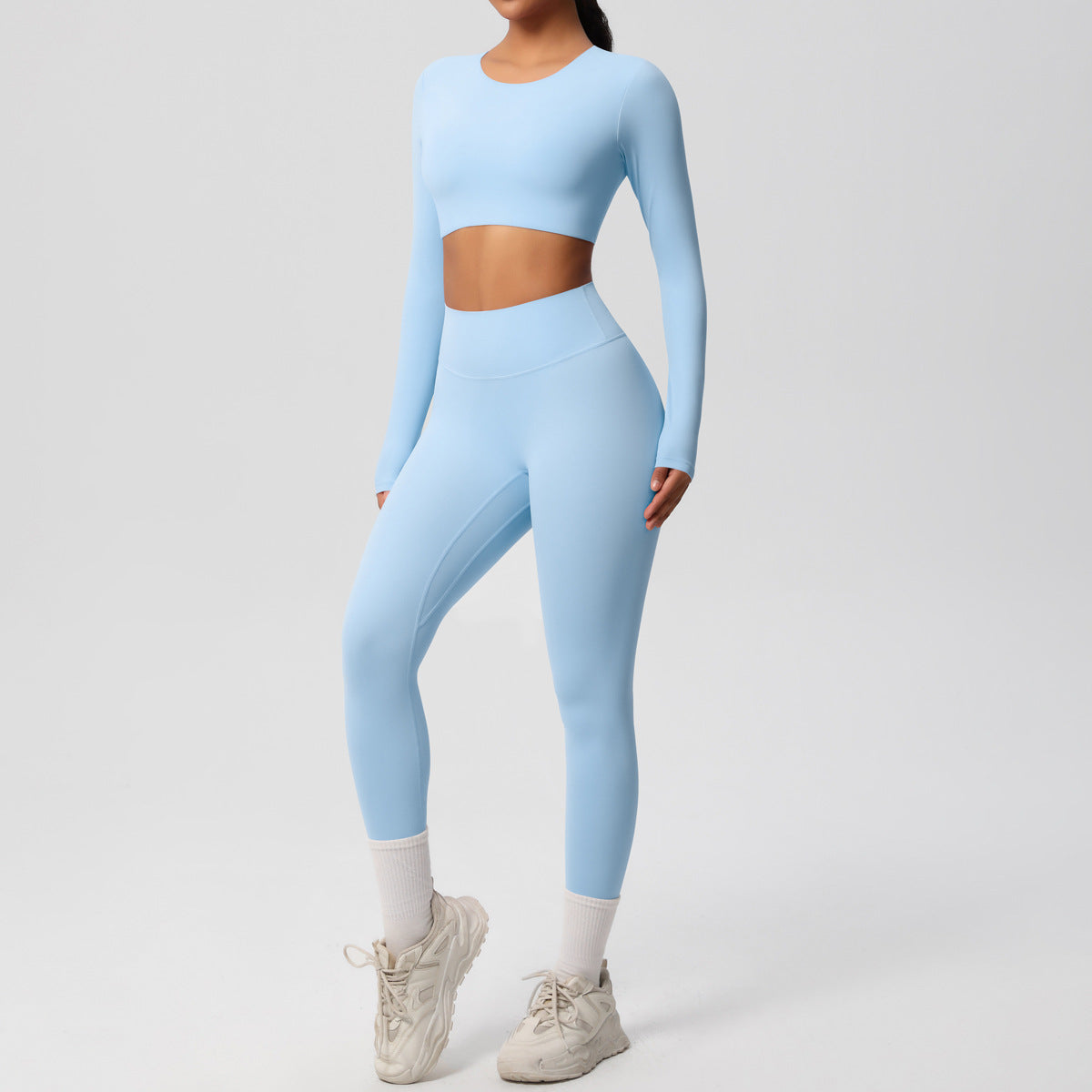 Double-sided Nylon Brushed Nude Feel Tight Exercise Yoga Clothes Suit - Sky Blue / L - Other