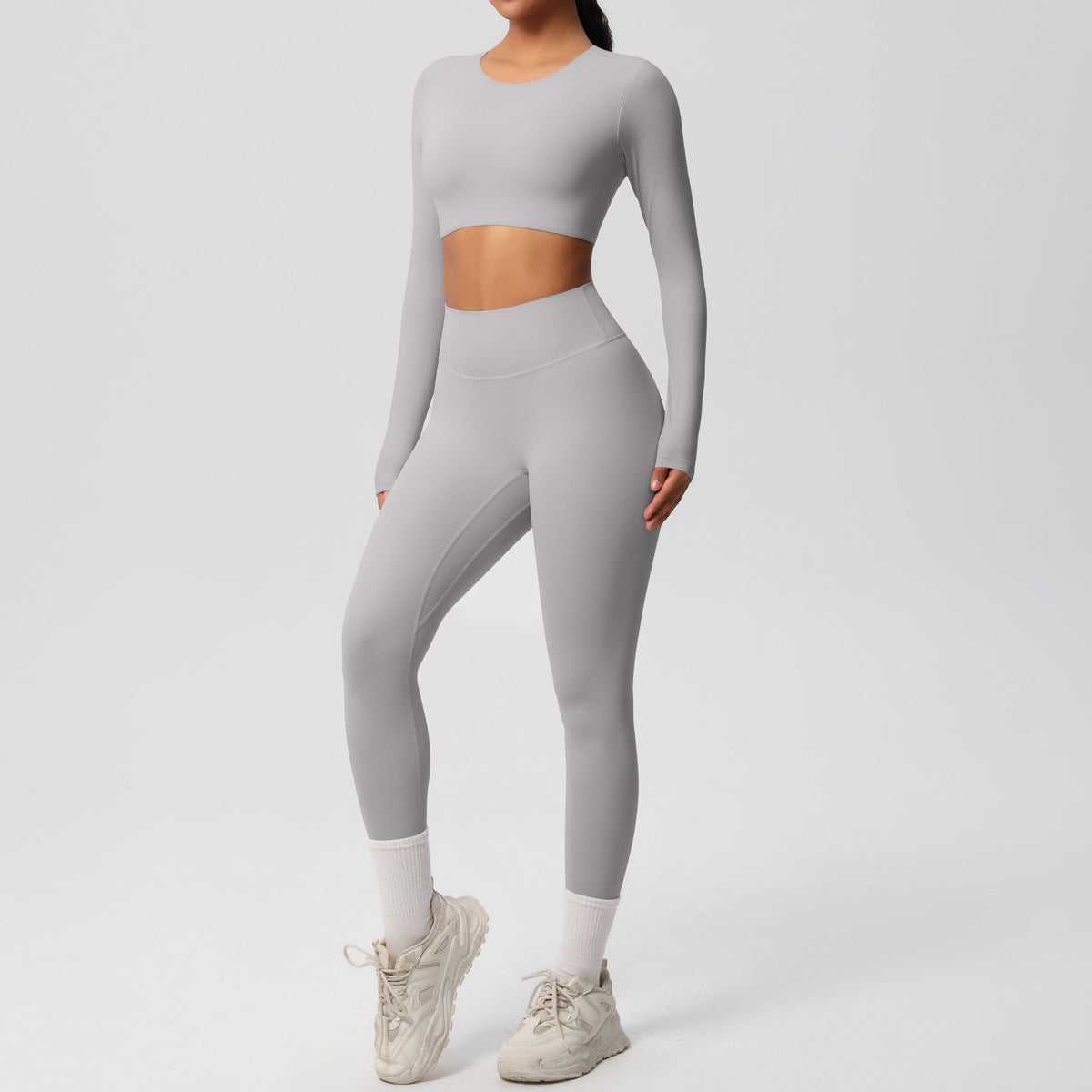 Double-sided Nylon Brushed Nude Feel Tight Exercise Yoga Clothes Suit - Frost Gray / L - Other