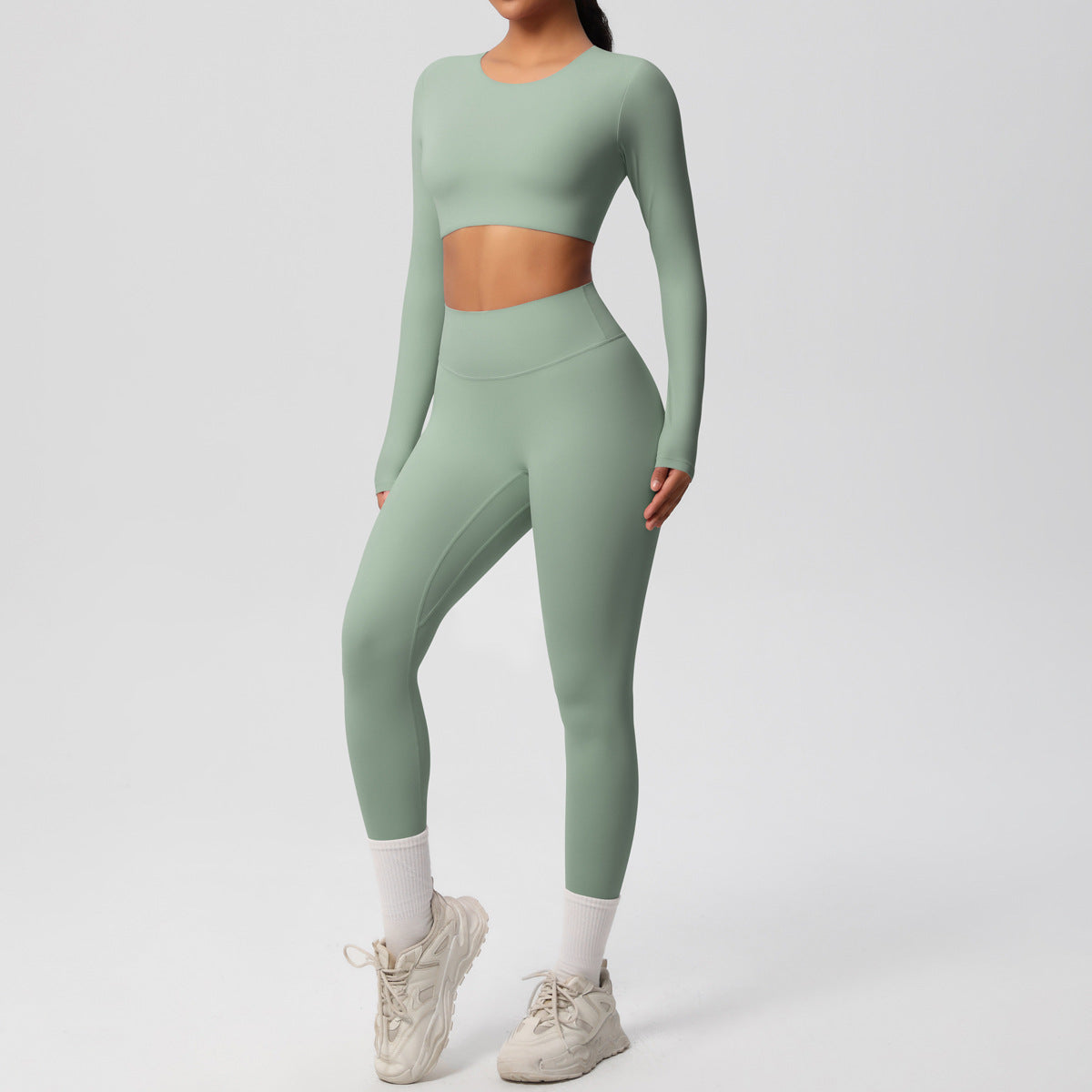 Double-sided Nylon Brushed Nude Feel Tight Exercise Yoga Clothes Suit - Basil Green / L - Other