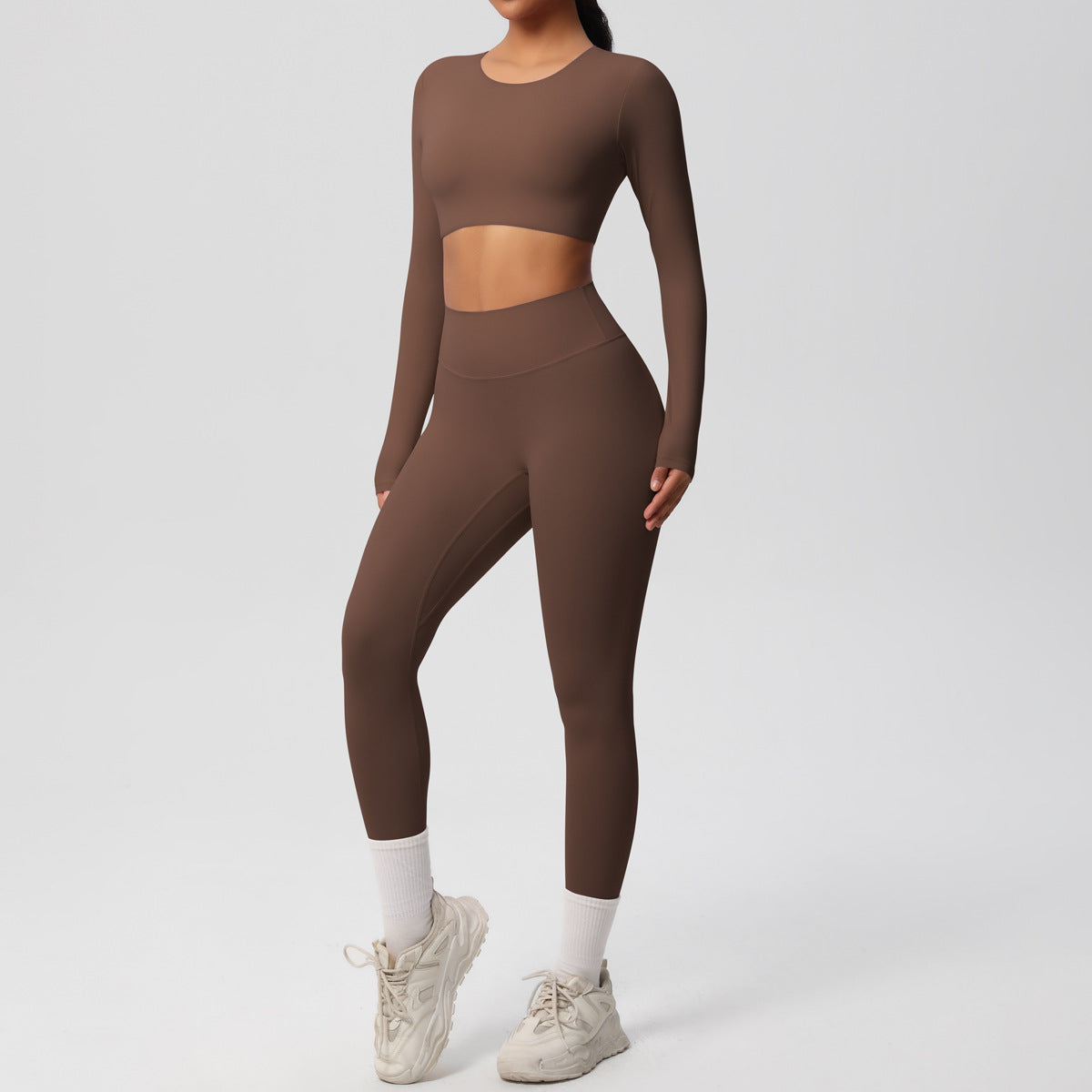 Double-sided Nylon Brushed Nude Feel Tight Exercise Yoga Clothes Suit - Chestnut / L - Other