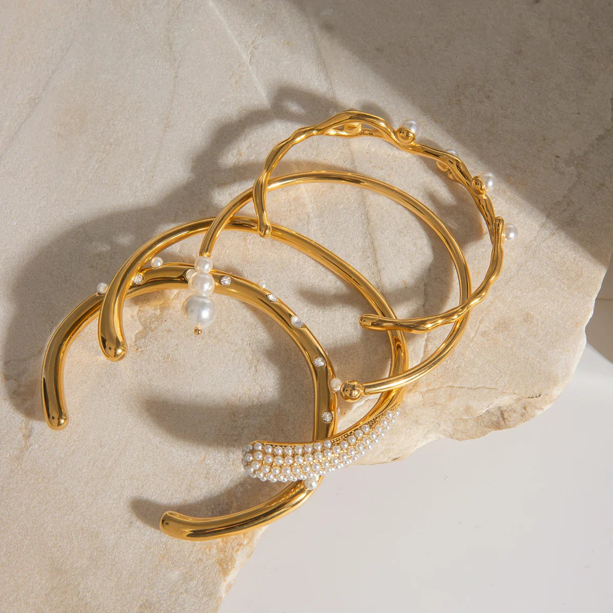 Double Wrap Stack Bracelet Pearl Open Bangle