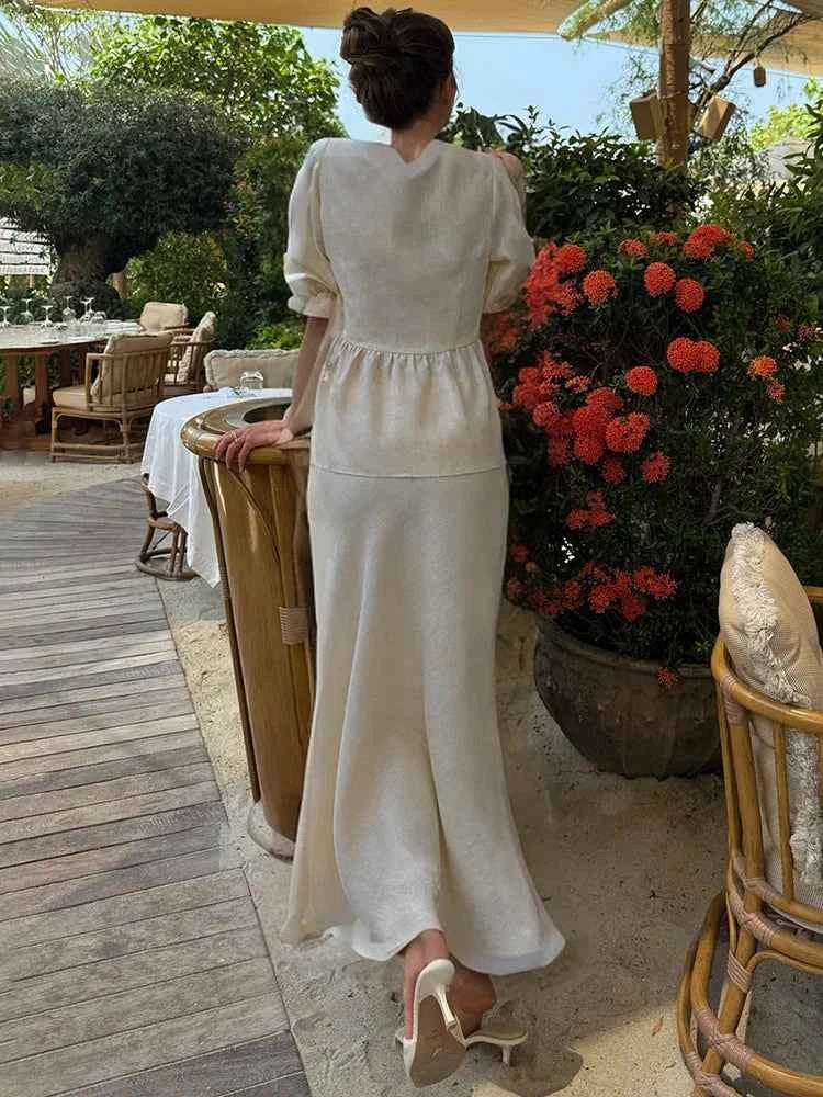 Dress Sets V-neck Lace-up Shirt Blouse A-line Long Skirt Suit