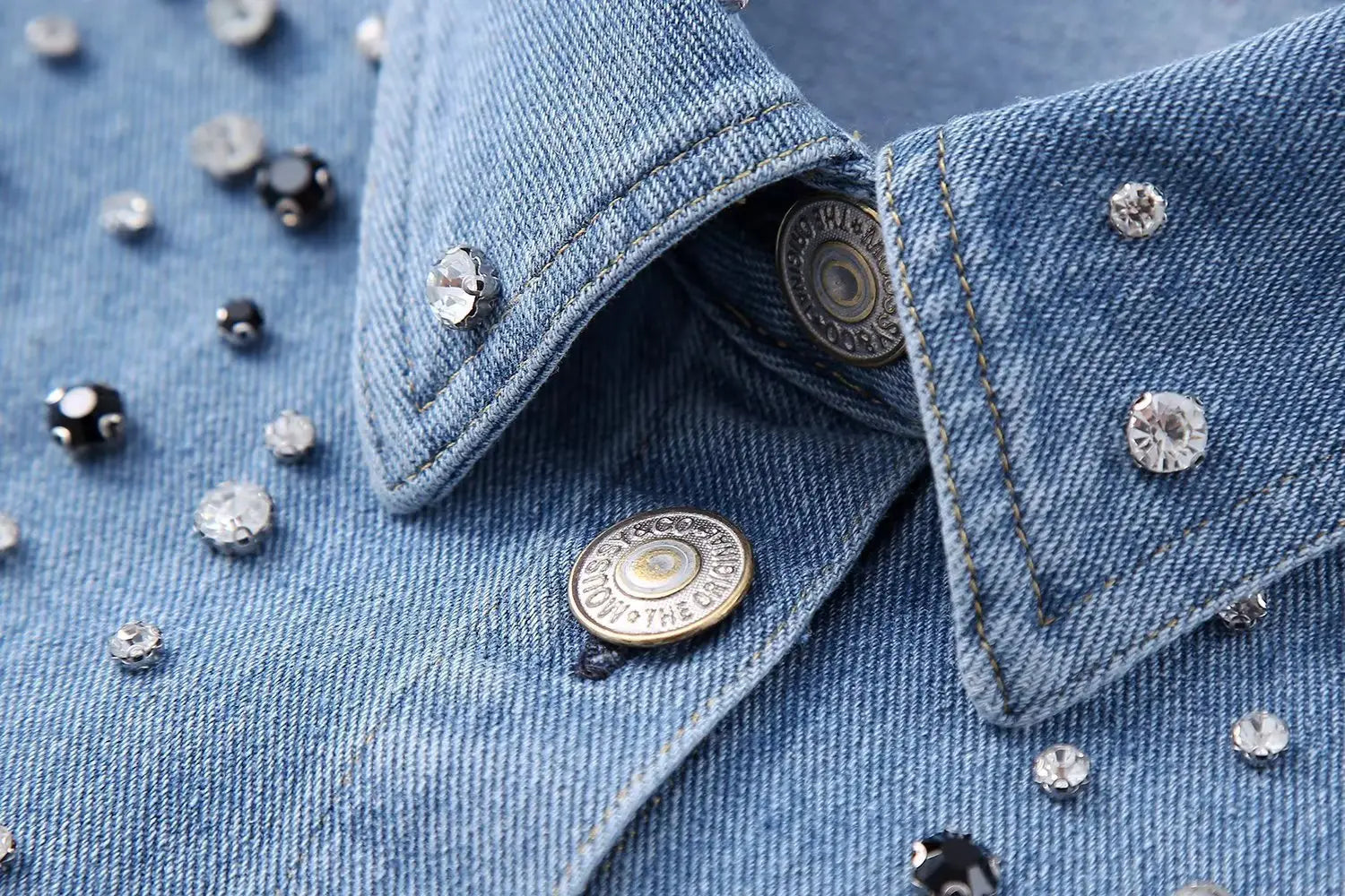 Long Sleeve Rhinestone Short Denim Shirt