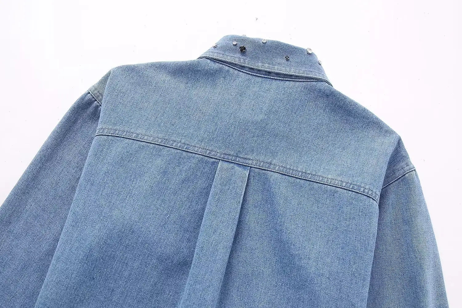 Long Sleeve Rhinestone Short Denim Shirt