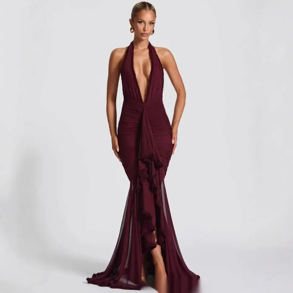 Wine Red Lace Deep V Dress