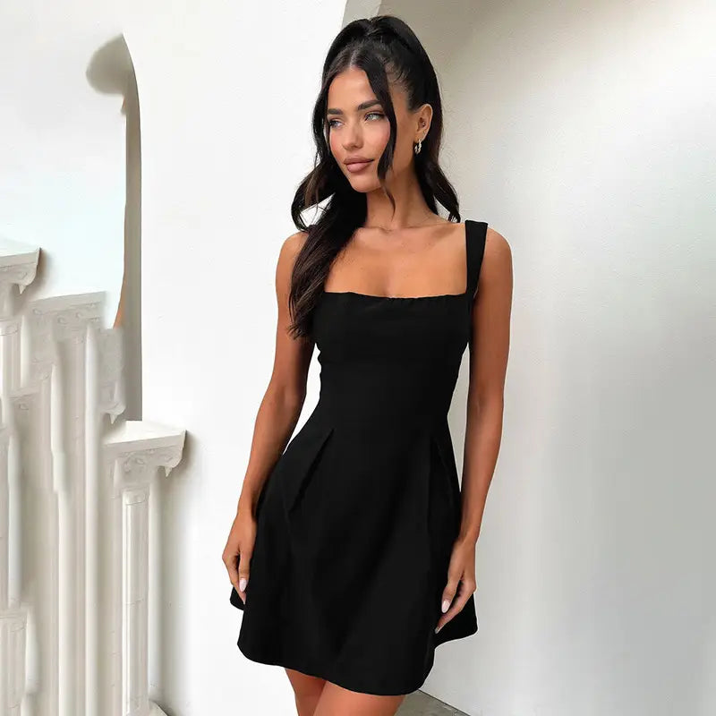 Solid Color Sling Slim-fit Pleated Skirt High Waist Dress