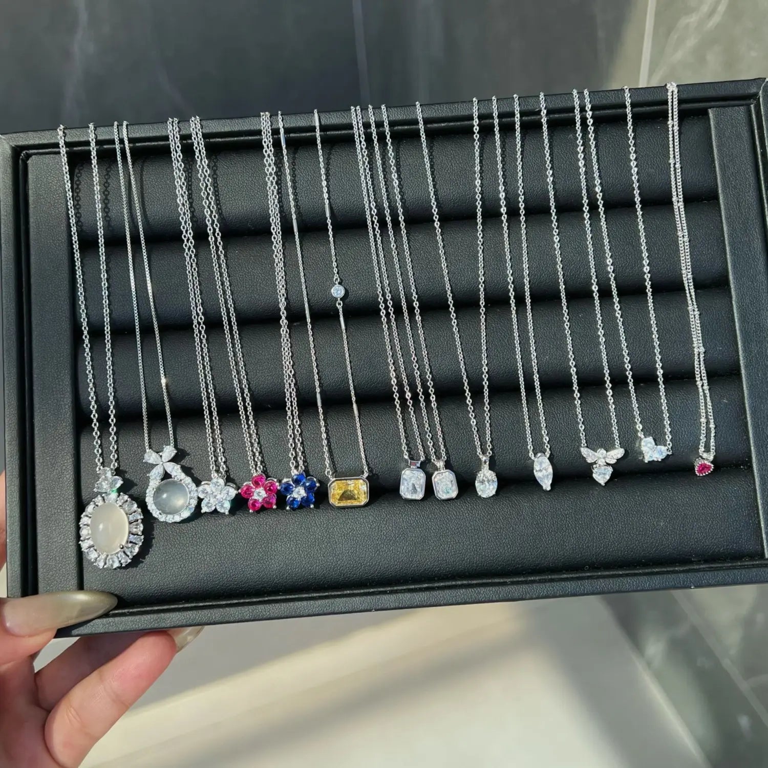 S925 Sterling Silver Necklace Women’s Advanced Oval Water Foam 8A Heart-shaped Zircon Flower Horse Eye Clavicle Chain