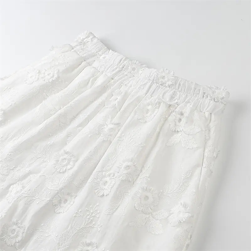 Flower Embroidered Cotton Short-Sleeved Shorts Two-piece Suit