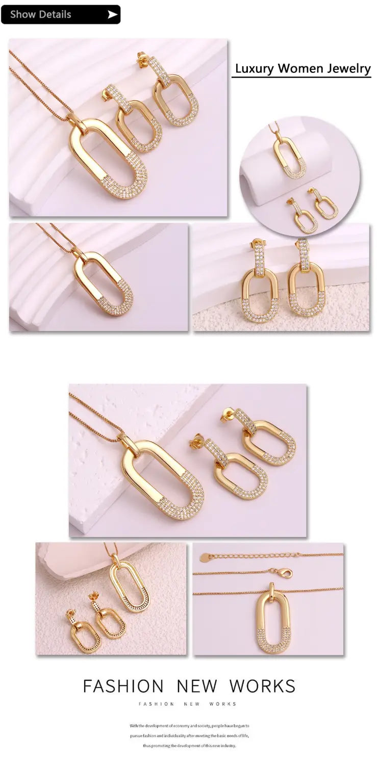 Oval Inlaid Zircon Ear Stud Necklace Female