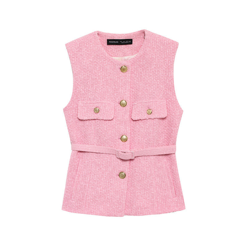 Metal Clasp With Belt Punk Texture Crew Neck Vest - Norellé
