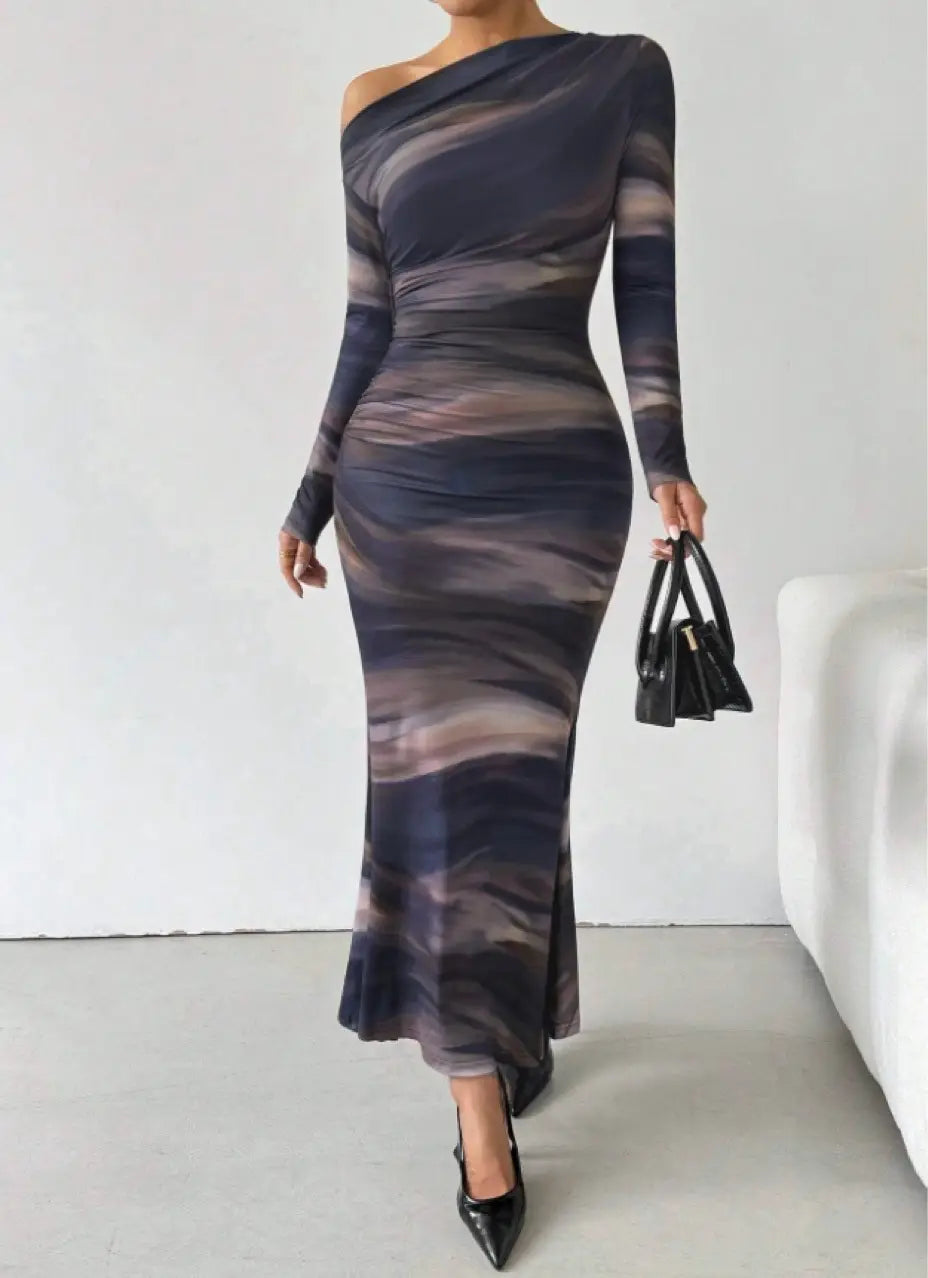 Tie-dyed Crossbody Shoulder Asymmetric Fold Dress