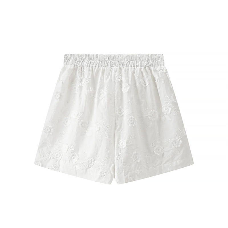 Flower Embroidered Cotton Short-Sleeved Shorts Two-piece Suit