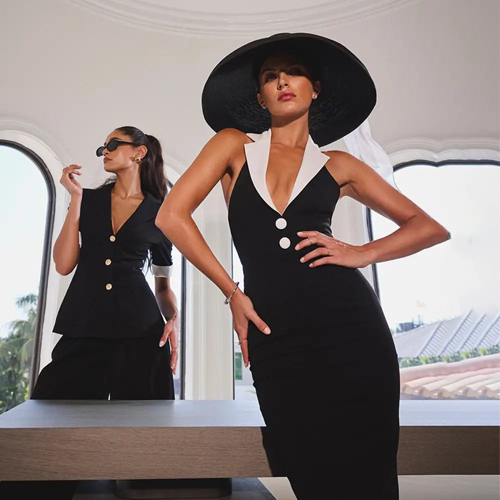 Lapel Backless Slit Dress