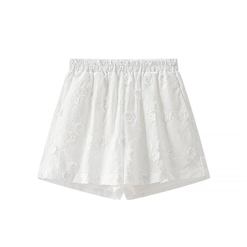 Flower Embroidered Cotton Short-Sleeved Shorts Two-piece Suit