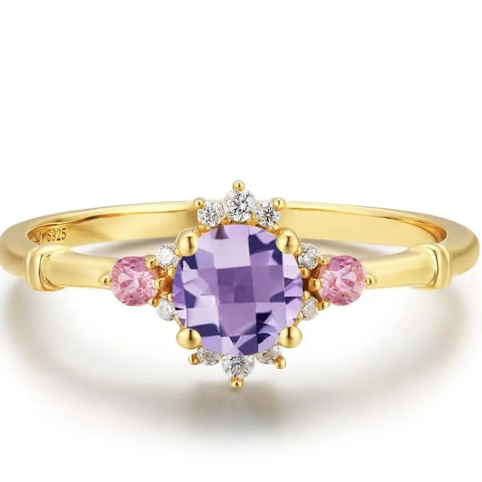 Beautiful Vintage Flowers Curtain-like Yarn Amethyst Ring Set - Norellé