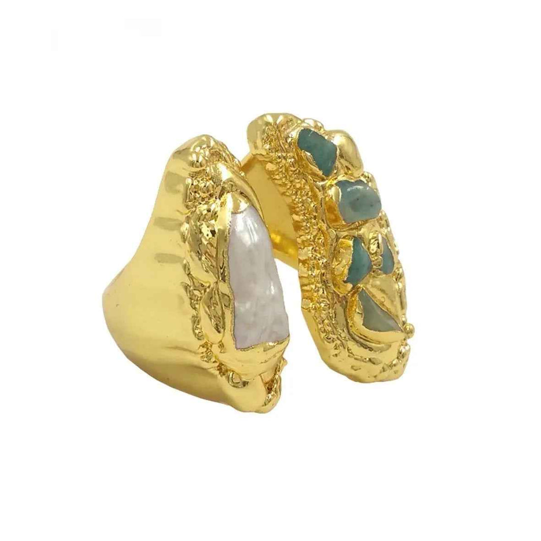 Natural Freshwater Pearl Amazonite 18K Gold Plated Exaggerated Large Ring - Norellé
