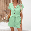 Women's 2-Piece Lounge Set, Textured Short Sleeve Button-Down Shirt And Matching Shorts Outfit - Norellé