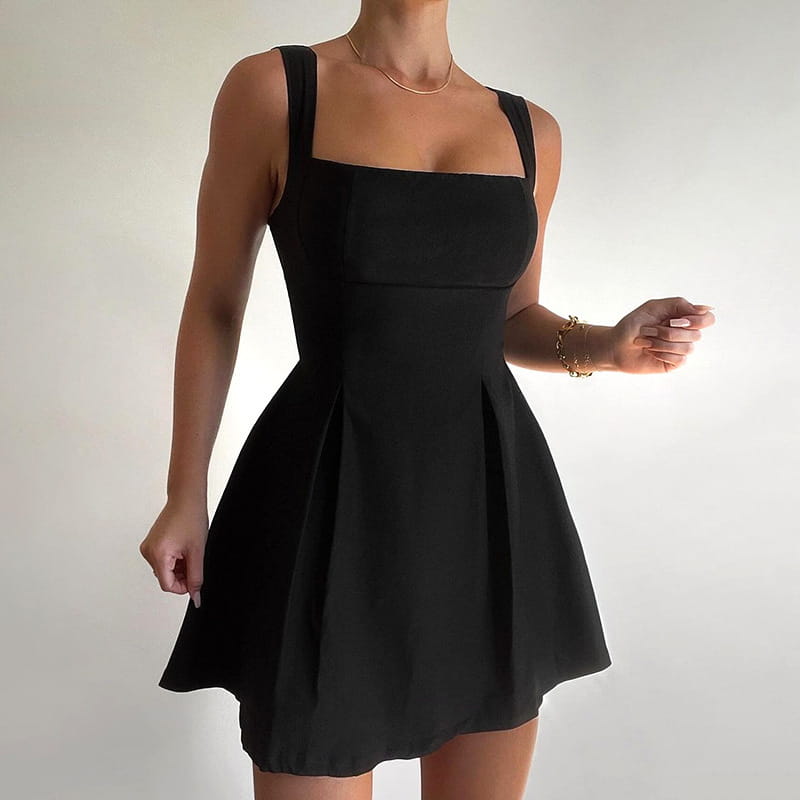 Solid Color Sling Slim-fit Pleated Skirt High Waist Dress