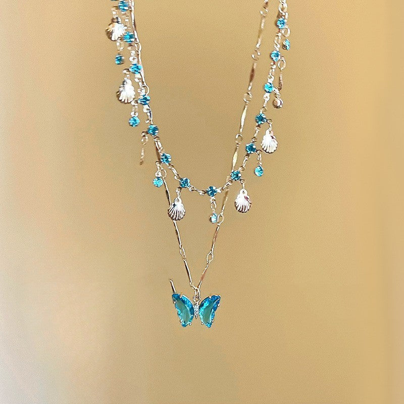 Blue Butterfly Double-layered Tassel Necklace Summer - Norellé