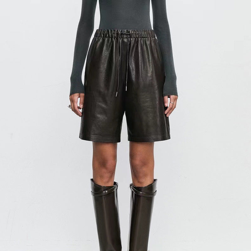 Sheepskin Elastic Waistband All-match Casual Straight-leg Leather Shorts Women - Norellé