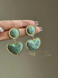 Romantic Exquisite French Retro Green Heart Stud Earrings - Norellé