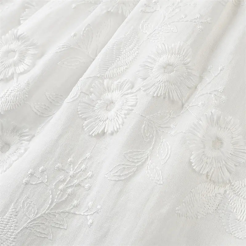 Flower Embroidered Cotton Short-Sleeved Shorts Two-piece Suit