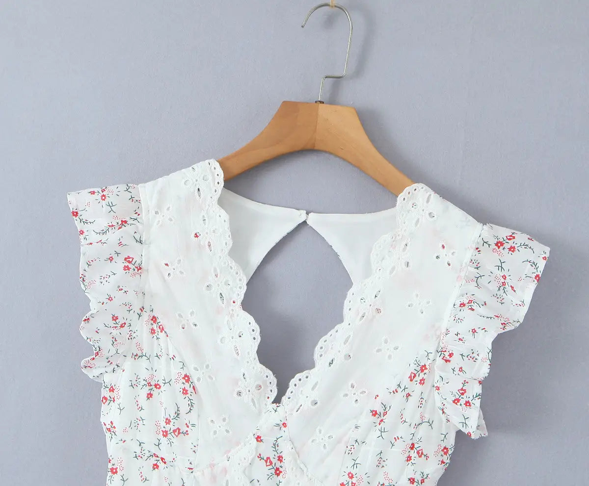 French Sweet Style Lace Stitching Flower Printed V-neck Short Sleeve Dress