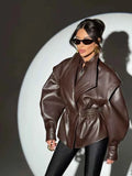 Elastic Waist Cinching Brwon Leather Jacket Women