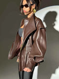 Elastic Waist Cinching Brwon Leather Jacket Women