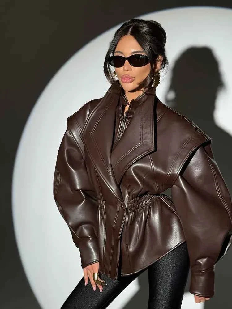 Elastic Waist Cinching Brwon Leather Jacket Women