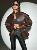Elastic Waist Cinching Brwon Leather Jacket Women