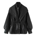 Elastic Waist Cinching Brwon Leather Jacket Women