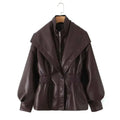 Elastic Waist Cinching Brwon Leather Jacket Women