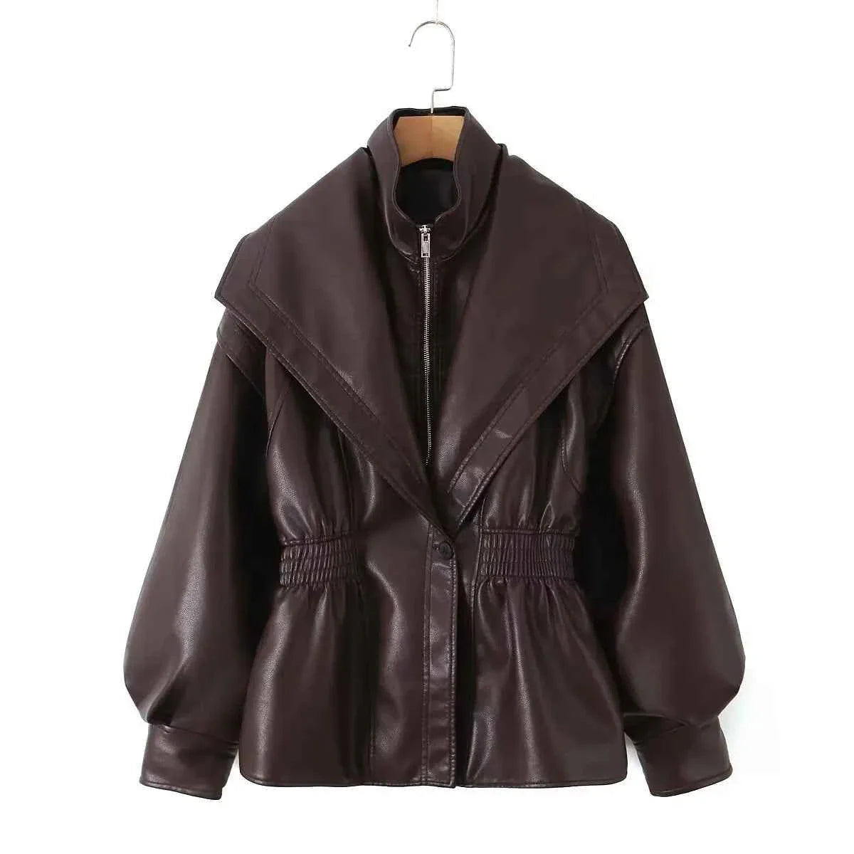 Elastic Waist Cinching Brwon Leather Jacket Women