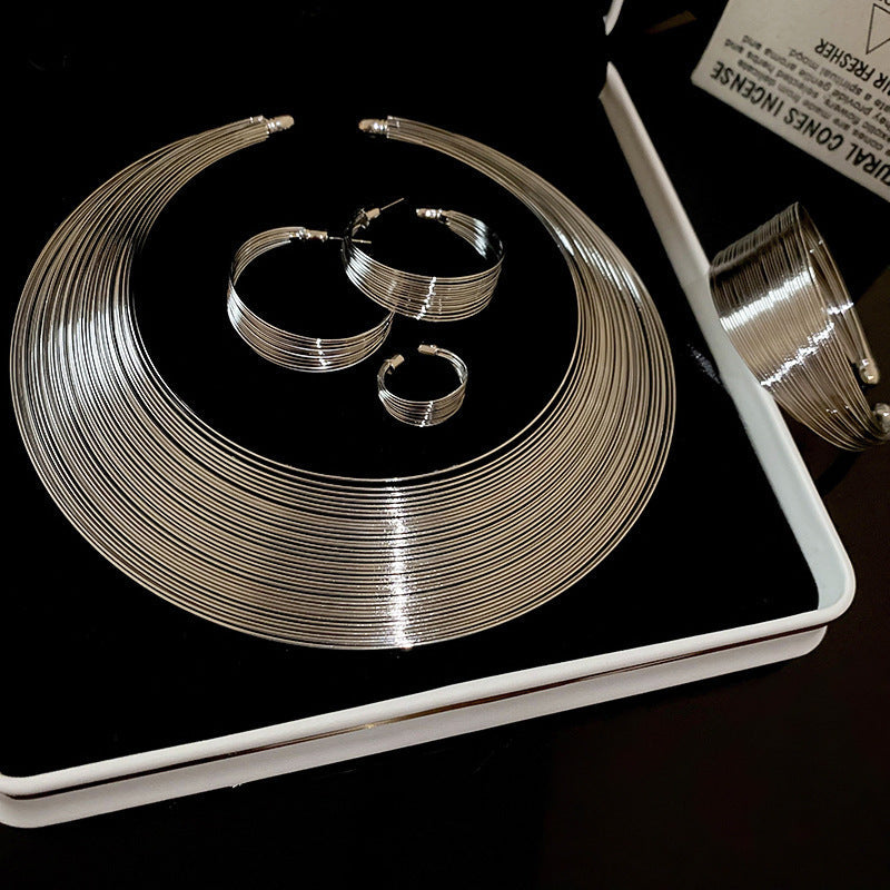 Electroplating Brushed Earrings Bangle Jewelry Suit Advanced Sense Ornament - Necklace Silver 4 Piece Set - electronic